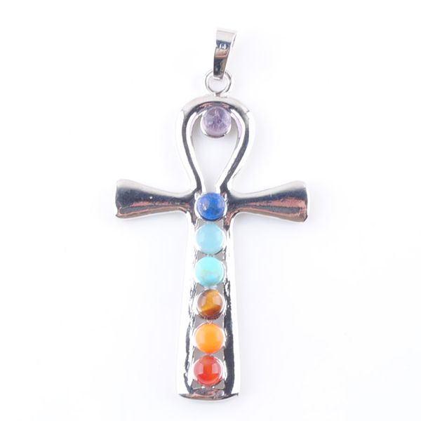 

meditating figure cross pendant natural gemstone beads healing reiki 7 chakra charm jewelry dn3262, Silver