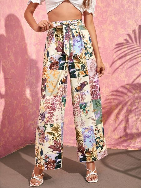 

bird & floral print tie front wide leg pants 77fn#, Black;white