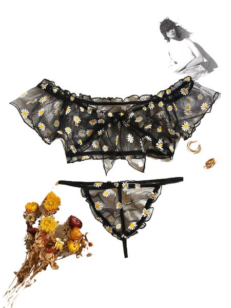 

daisy floral sheer mesh knot front lingerie set e64s#, Black;red