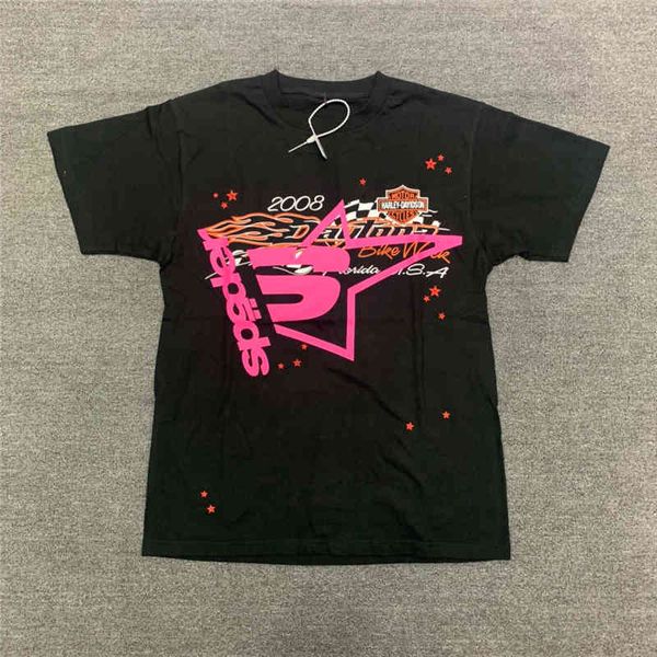 

pink young thug sp5der 555555 foam printed spider web design t-shirt fashion men women 1:1 outdoor street, White;black
