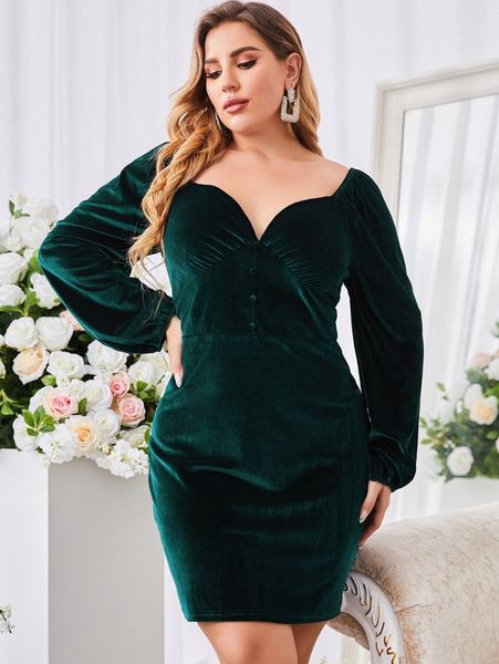 

sbetro plus sweetheart neck lantern sleeve velvet dress g0le#, Black