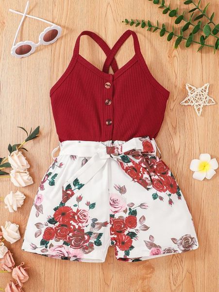 

toddler girls floral print crisscross back belted cami romper she, Blue