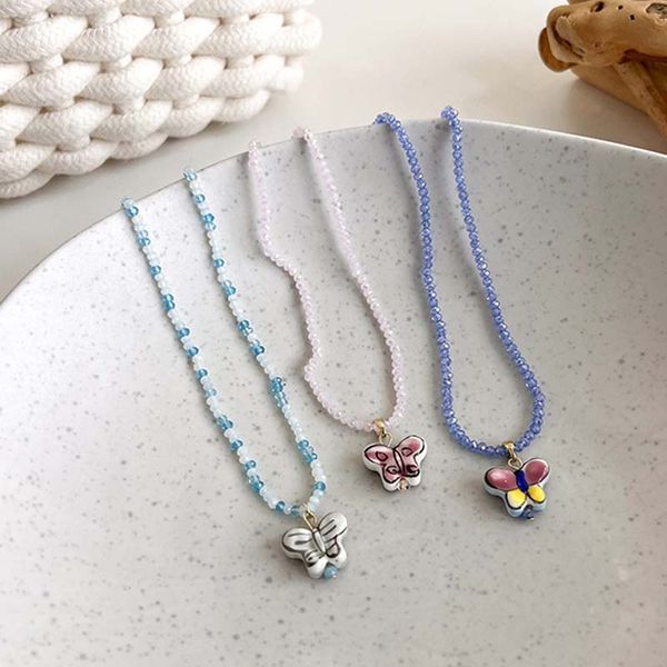 

crystal beads necklace for women cute ceramics butterfly pendant collar chokers chains bead necklace jewelry, Silver