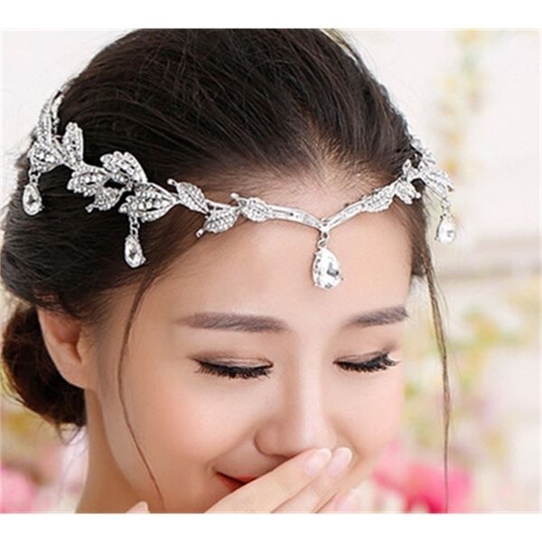 

vintage crystal bridal hair accessory wedding waterdrop leaf tiara crown headband frontlet bridesmaid hair jewelry 220716, Slivery;golden