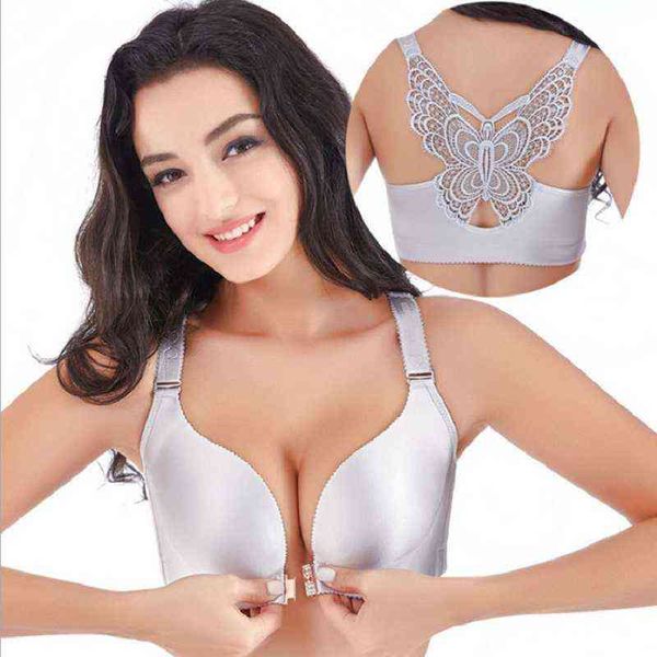 Hebilla frontal Sin anillo de acero Espalda hermosa Tallas grandes Grasa Mm Sujetador brillante Sin costura Recoger Ropa interior sexy para mujer Sujetador L220726