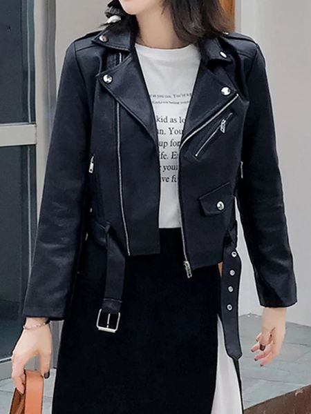 

korean casual slim white faux leather jacket women with belt short pu jacket female elegant cropped outwear fashion, Black