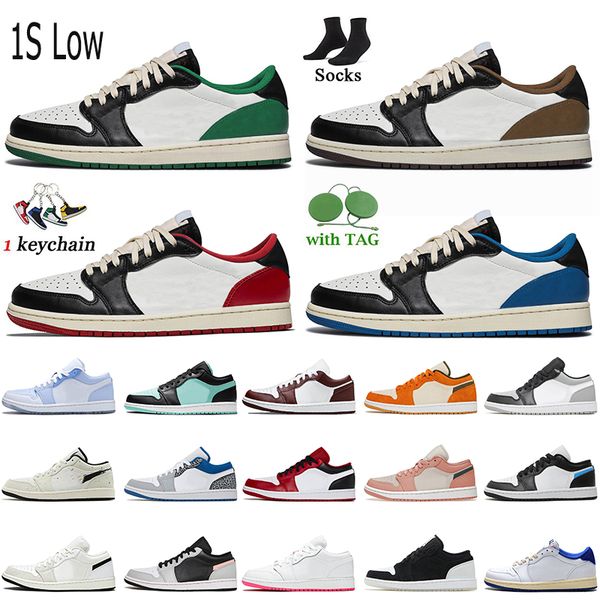 

2022 wholesale jumpman 1s low sport basketball shoes with socks cactus jack 1 dark mocha green fragment black university blue shadow toe wom