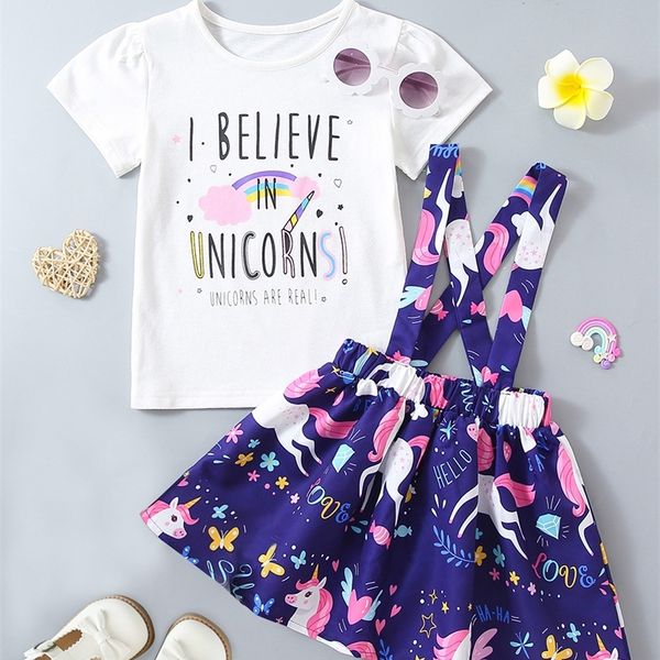 

little girl slogan t-shirt with cartoon unicorn skirt she, White