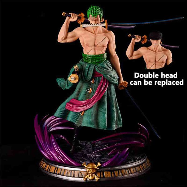 

37cm one piece anime figure roronoa zoro double head replacement manga anime statue pvc action figure collection model toys g220707