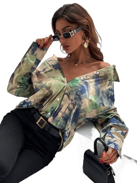 

tie dye button front blouse 41hh#, White