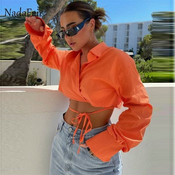 

nadafair turndown collar shirts long sleeve chic cropped casual white waist tie bandage blouses women 220718