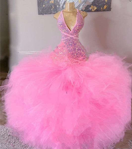 

sparkly pink long formal prom dress for black girls 2022 sequine ruffles backless birthday party gowns robe de soiree vestidos festa