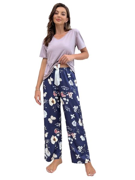 

floral print tie front pj set e3im#, Black;red