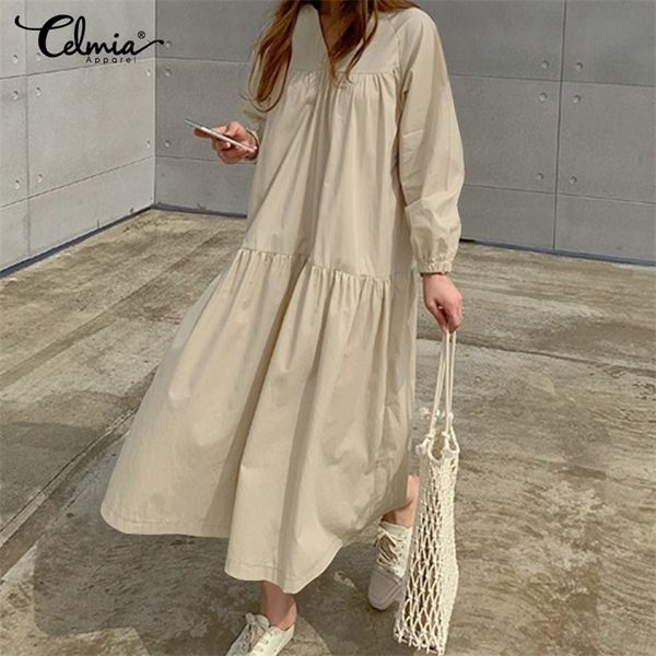 

s5xl celmia women vintage shirt dress long sleeve casual loose party vestidos robe femme v neck solid pleated long maxi dresses t200416, Black;gray