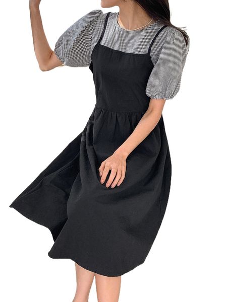 

dazy 2 in 1 gingham tie back puff sleeve dress 06h4#, Black;gray