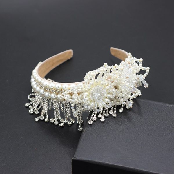 

fashion temperament wide-brimmed pearl flower fringed hair band prom street shooting ladies hair accessories, Slivery;white