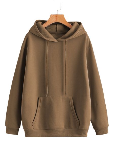 

drawstring kangaroo pocket drop shoulder thermal lined hoodie p0os#, Black