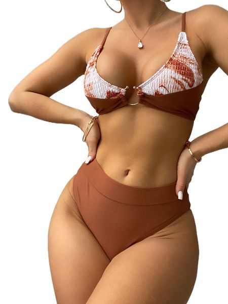 

tie dye smocked ring linked bikini swimsuit v6im#, White;black