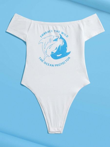 

x wege17 slogan & dolphin graphic off shoulder bodysuit w5rm#, White