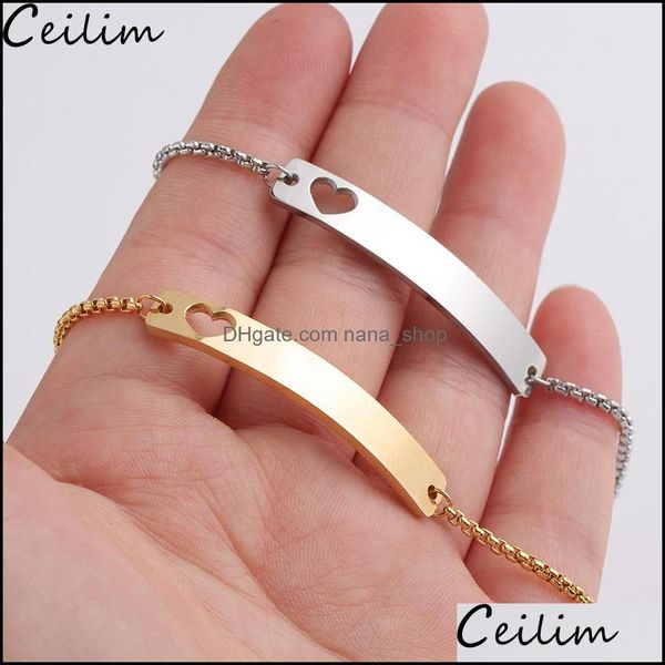 

link chain bracelets jewelry love heart stainless steel blank bar bracelet diy engrave name id initial adjustable gold slider box for drop, Black