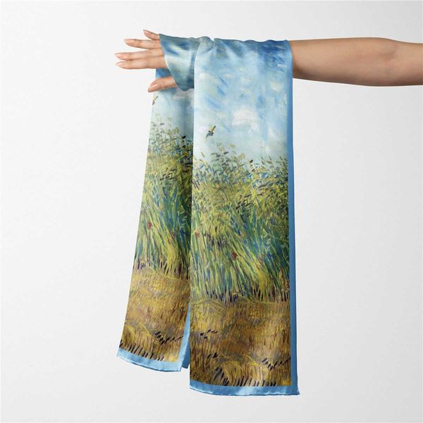 

shawl s 2022 autumn and winter oil painting long scarf womens silk satin, Blue;gray