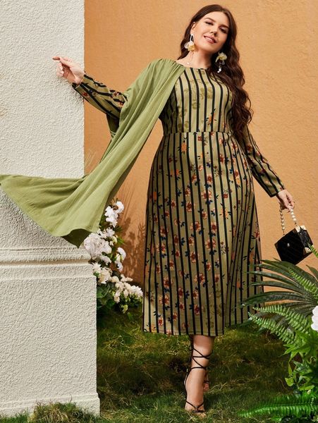 

plus foldover detail floral and striped dress without belt y0kb#, Black