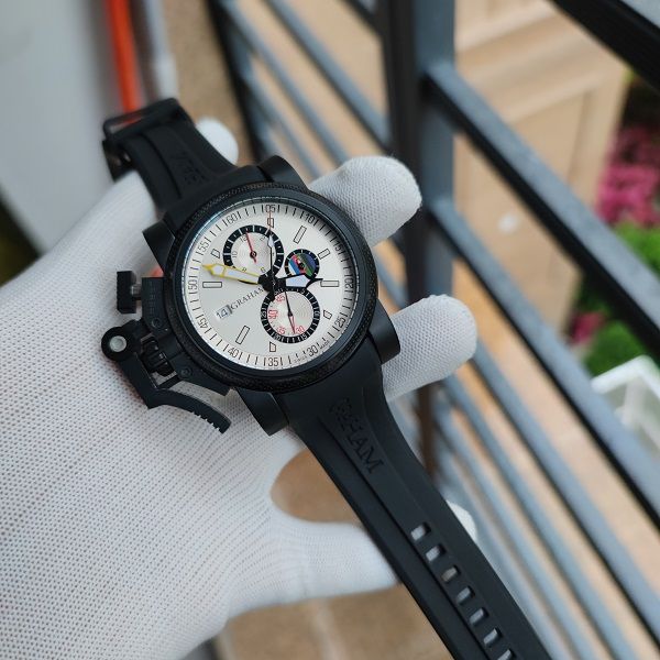 

46mm men watch black british chronofighter bezel rubber strap satch chronograph quartz chrono sport racing mens wristwatch waterproof oversi, Slivery;brown