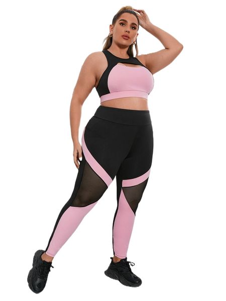 

plus lightweight cut out contrast mesh two tone sports set d3rm#, Black