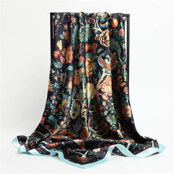 

fashion silk square scarf for women hair band soft neckerchief vintage hijab flower print headscarf female pashmina bandana, Blue;gray