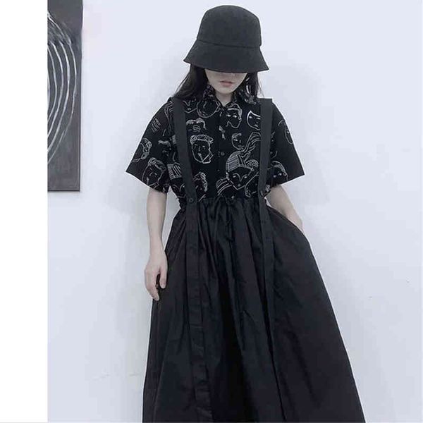

two piece dress female dark-style two-piece suit, skirt with elastic waistband straps + black shirt printed animation, vintage, street cloth, White