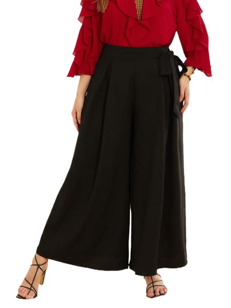 

plus tie side plicated detail wide leg pants 23q3#, Black
