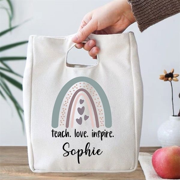 Rainbow Teach Love Inspire Tragbare Lunchtaschen, isoliert, personalisierbar, mit individuellem Namen, Thermokühler, Picknick-Lebensmittel-Aufbewahrungstasche, Geschenke 220711