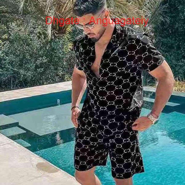

casual men's luxury shirts men tracksuits hawaiian sets printing summer short sleeve button shirt fashion beach shorts tees streetwear, White;black