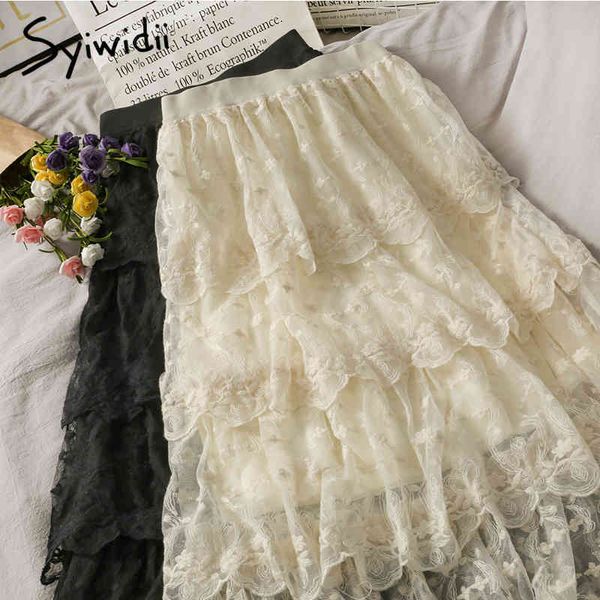 

embroidered elastic high waist skirt women midcalf casual aline solid spring summer korean fashion cake skirts 210415, Black