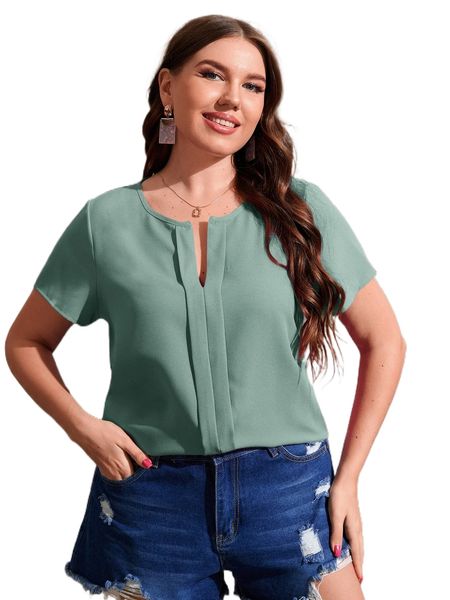 

plus press crease notched neck blouse g1vd#, Black