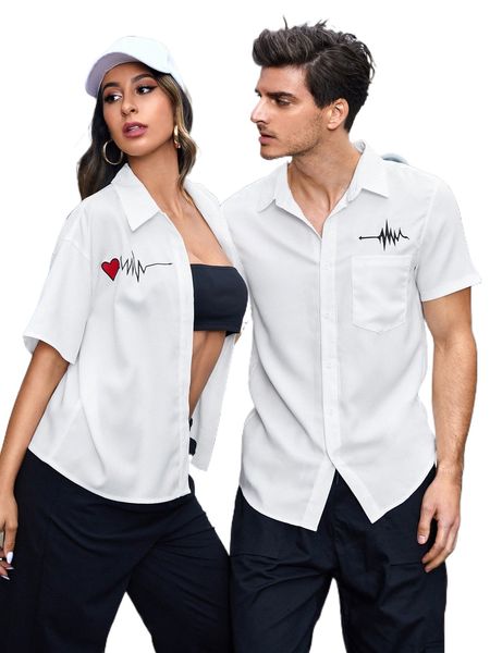

men 1pc geo print patched pocket shirt v343#, White;black