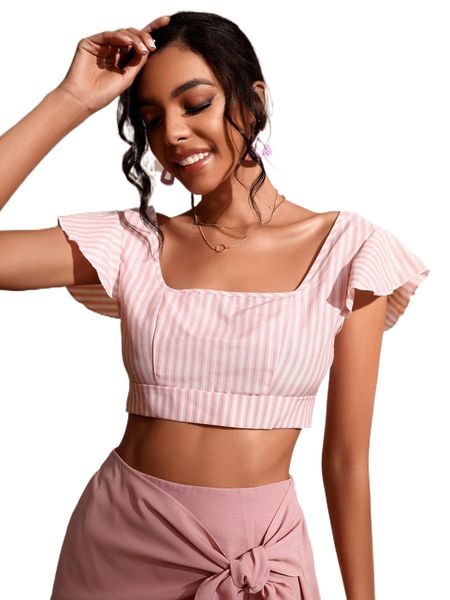 

vertical striped square neck butterfly sleeve tie back crop i7xj#, White