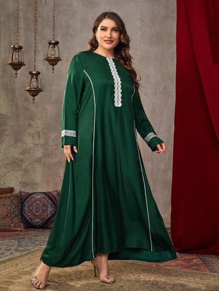 

plus guipure lace scallop trim contrast piping maxi dress s5f6#, Black