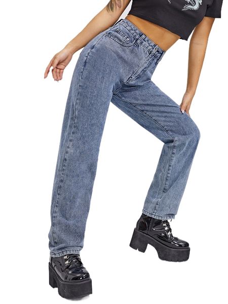

high waist straight leg jeans 83ya#, Blue