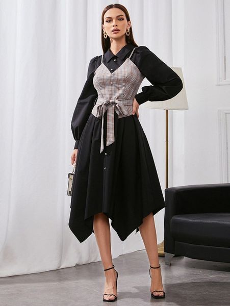 

plaid lantern sleeve asymmetrical hem belted 2 in 1 dress c1gy#, Black;gray