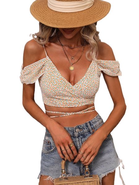 

allover plants print cold shoulder tie front blouse 54ld#, White