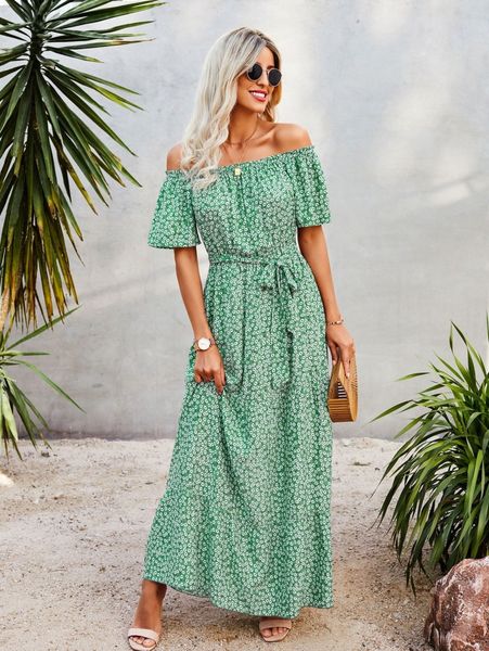 

ditsy floral off the shoulder belted dress b84t#, Black;gray