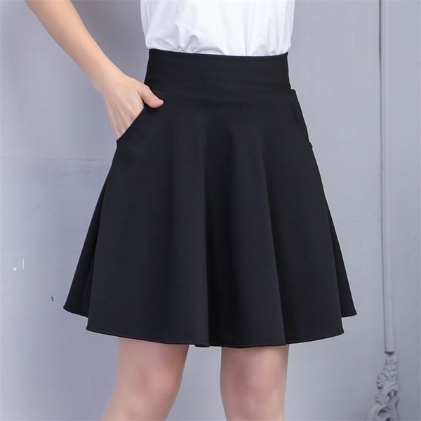 

spring autumn women pleated skirt korean slim solid color oblique pocket elastic high waist skirt black mini skirt 210315