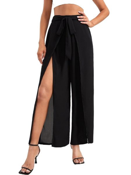 

tall knot front wrap hem chiffon wide leg pants p6bu#, Black;white