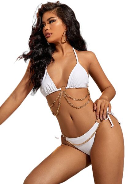 

plain chain decor halter bikini swimsuit 540c#, White;black