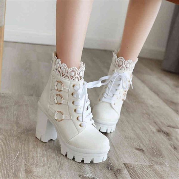 

pxelena dress shoes chunky block high heel punk boots women winter wedding lace ruffles buckle biker combat goth black white plus size p0v8