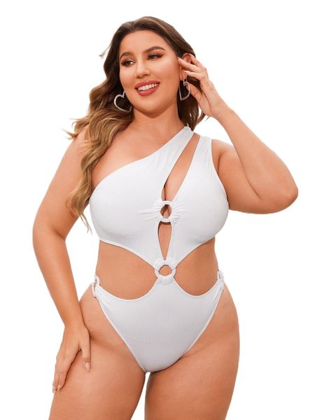 

plus ring linked cut-out one piece swimsuit r2es#, White;black