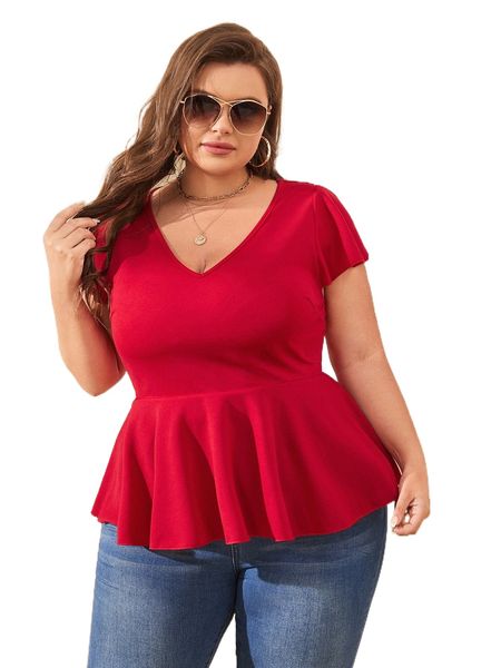 

plus butterfly sleeve peplum blouse z08b#, Black