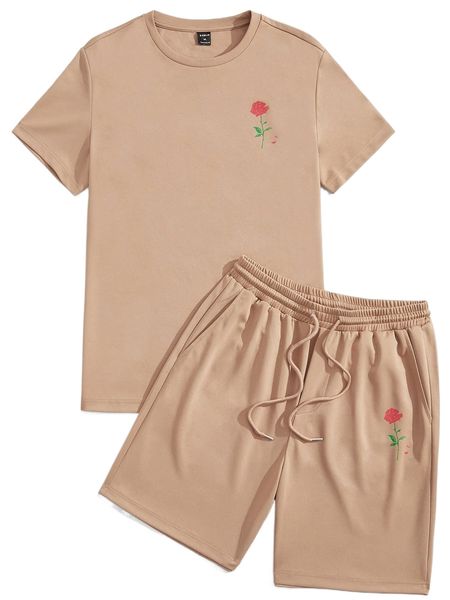 

men floral print tee & drawstring waist shorts x7rk#, Gray