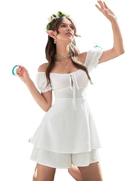 

off shoulder tie front puff sleeve romper k82p#, Black;white